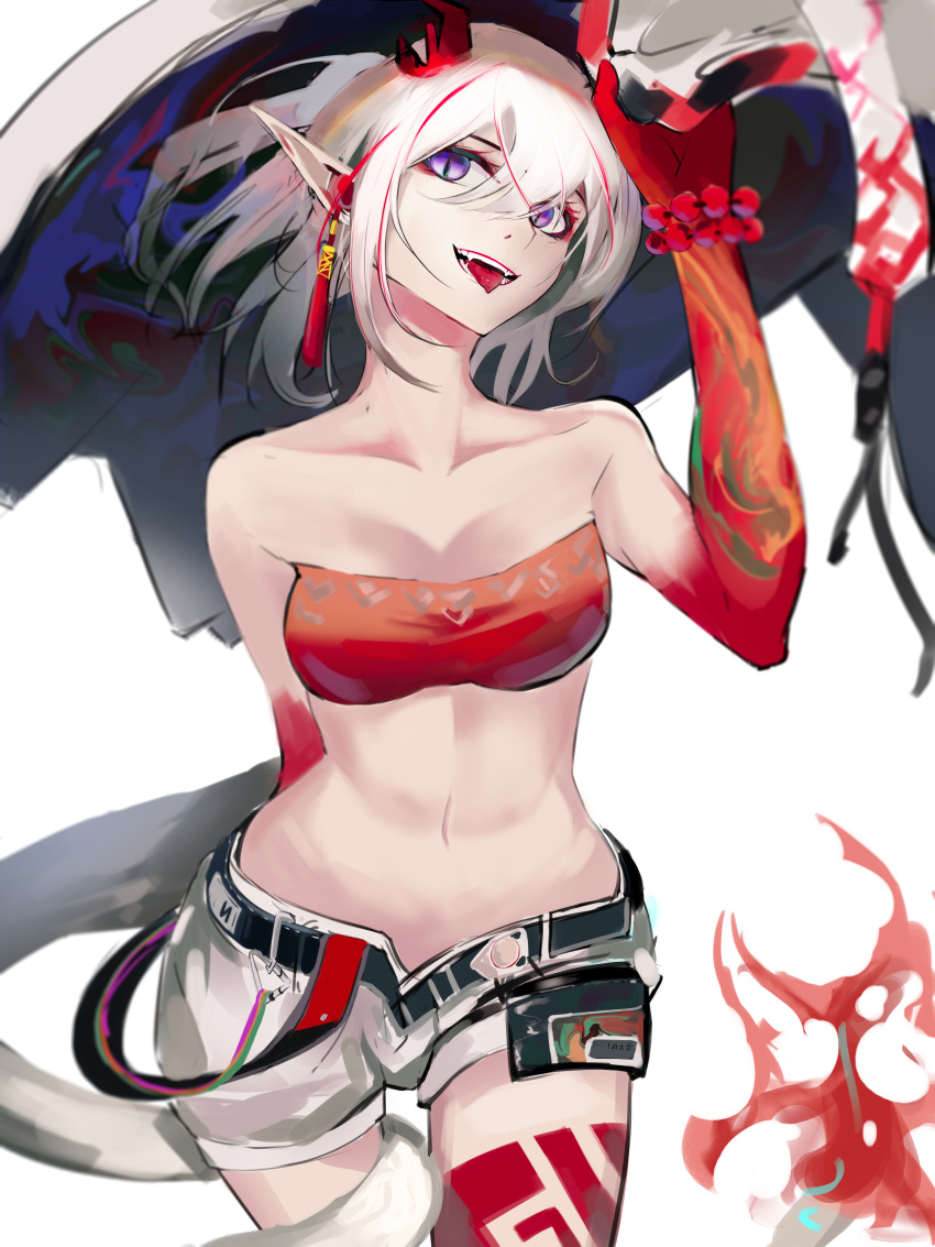 1girl :d absurdres arknights bandeau bangs bare_shoulders bead_bracelet beads belt black_belt bracelet breasts collarbone commentary cowboy_shot hair_between_eyes hand_up head_tilt highres horns huge_filesize jewelry looking_at_viewer mackia midriff multicolored_hair navel nian_(arknights) open_mouth pointy_ears redhead short_hair short_shorts shorts silver_hair small_breasts smile solo standing stomach strapless streaked_hair tail thighs tongue tongue_out tubetop violet_eyes white_shorts