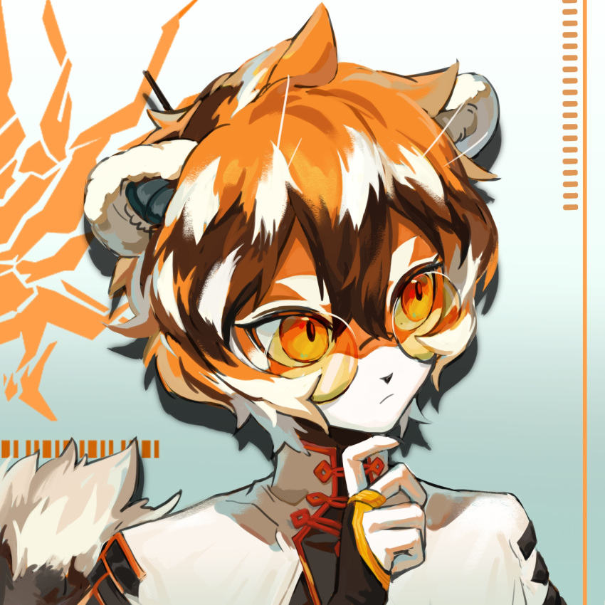 1girl animal_ear_fluff animal_ears arknights chinese_clothes closed_mouth fingerless_gloves furry glasses gloves hand_on_own_chin highres jue_zz looking_away medium_hair multicolored_hair orange_hair solo solo_focus tail tiger_ears tiger_tail waai_fu_(arknights)