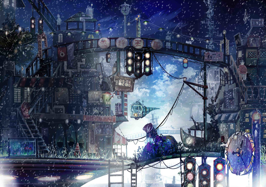 1girl absurdres bridge cityscape clock fantasy ground_vehicle highres original outdoors road_sign scenery sign snowing stairs traffic_light train yanagifor