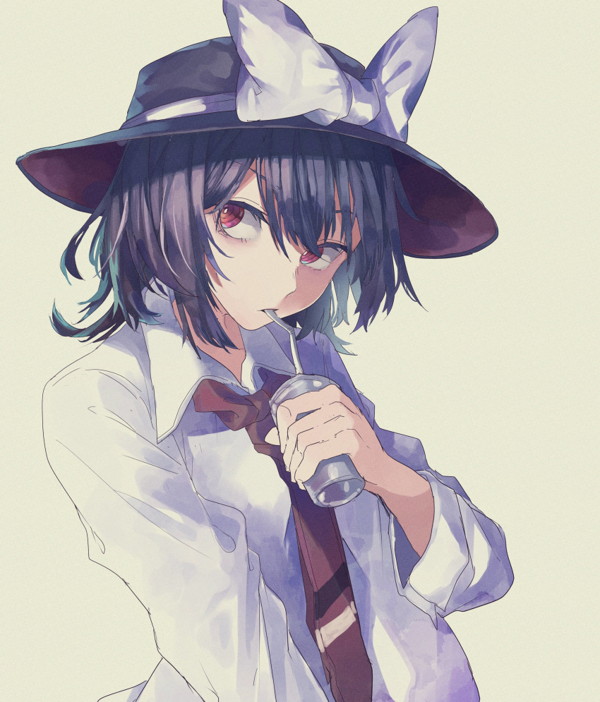 1girl absurdres bangs black_hair black_headwear bow breasts commentary_request cup drink drinking drinking_straw fedora food_request hand_up hat hat_bow highres holding holding_cup holding_drink long_sleeves looking_away looking_to_the_side loose_clothes loose_shirt murayo muted_color necktie outstretched_arm red_eyes red_headwear red_neckwear shirt short_hair sidelocks sideways_glance simple_background small_breasts solo touhou upper_body usami_renko white_bow white_shirt yellow_background