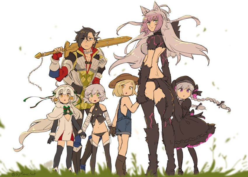 1boy 5girls agrius_metamorphosis ahoge animal_ears asaya_minoru atalanta_(alter)_(fate) atalanta_(fate) bandaged_arm bandaged_hands bandages bangs bare_arms bare_shoulders bell beret black_bow black_dress black_footwear black_gloves black_hair black_headwear black_legwear black_panties black_pants black_shirt blurry blurry_foreground boots bow braid brown_eyes brown_footwear brown_gloves brown_hair capelet character_request commentary_request depth_of_field dress elbow_gloves eyebrows_visible_through_hair facial_scar fingerless_gloves fur-trimmed_capelet fur_trim gloves gothic_lolita green_bow green_eyes green_ribbon grey_hair hair_bow hat hat_bow headpiece holding holding_hands holding_sword holding_weapon jack_the_ripper_(fate/apocrypha) jeanne_d'arc_(fate)_(all) jeanne_d'arc_alter_santa_lily lolita_fashion long_hair multicolored_hair multiple_girls naked_overalls nursery_rhyme_(fate/extra) over_shoulder overall_shorts overalls panties pants pantyhose parted_bangs paul_bunyan_(fate/grand_order) puffy_short_sleeves puffy_sleeves red_gloves ribbon scar scar_on_cheek shirt short_sleeves single_glove sleeveless sleeveless_shirt standing streaked_hair striped striped_bow striped_ribbon sword sword_over_shoulder thigh-highs thigh_boots twin_braids twintails twitter_username underwear very_long_hair violet_eyes weapon weapon_over_shoulder white_background white_capelet white_dress