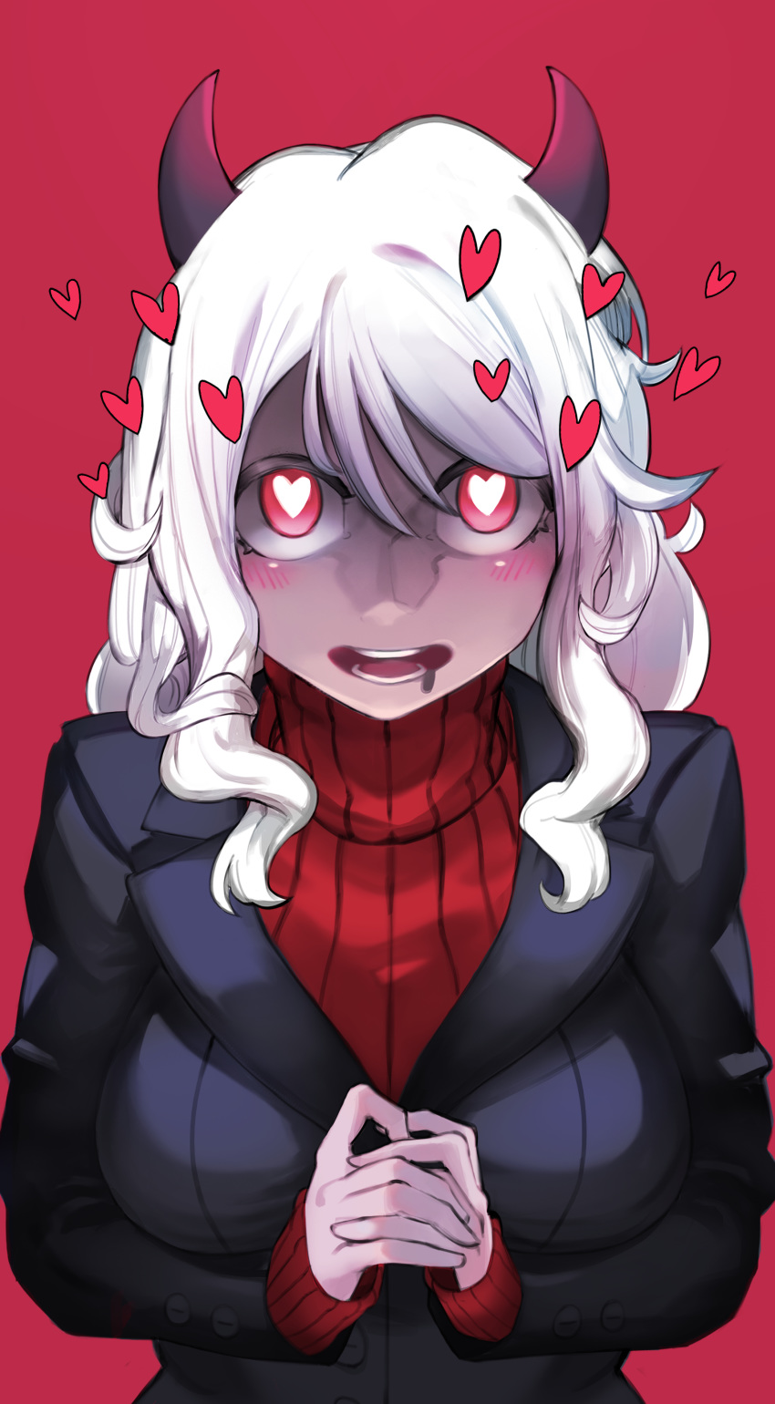 1girl absurdres bangs black_horns black_suit blush breasts demon_girl demon_horns hands_clasped heart heart-shaped_pupils helltaker highres horns jycheng1999 long_hair long_sleeves looking_at_viewer modeus_(helltaker) own_hands_together red_background red_eyes red_sweater ribbed_sweater shirt simple_background solo sweater symbol-shaped_pupils tail turtleneck turtleneck_sweater upper_body white_hair