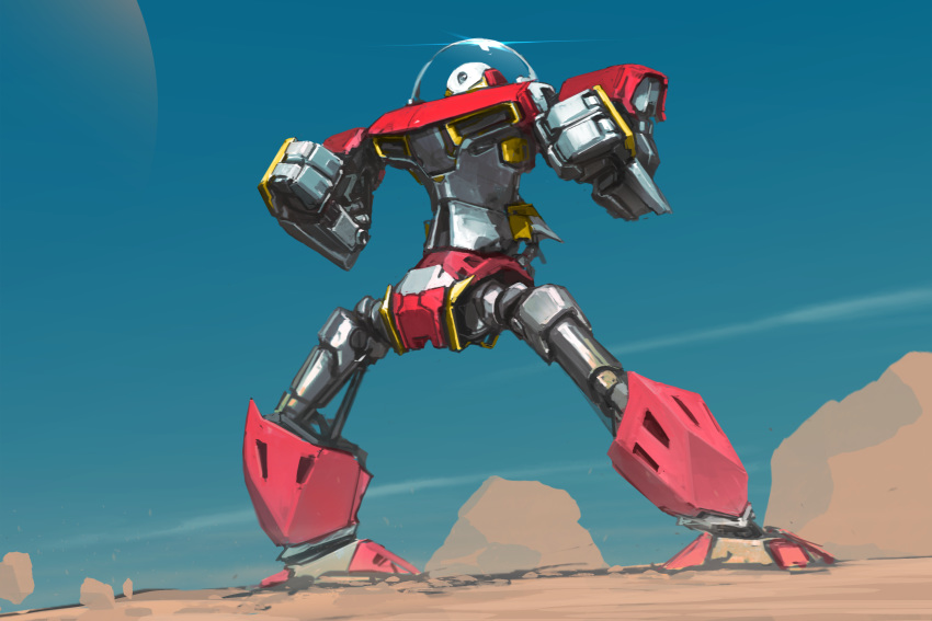 clenched_hands desert fighting_stance highres ksenolog looking_down mecha no_humans one-eyed original science_fiction solo standing