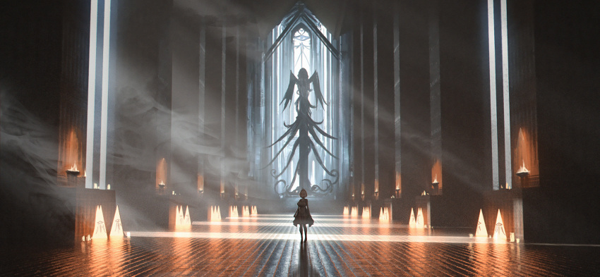 1girl ahoge black_dress black_legwear candle commentary_request dark dress highres indoors interior light_rays original pantyhose scenery shadow smoke solo standing statue tentacles wide_shot yurichtofen