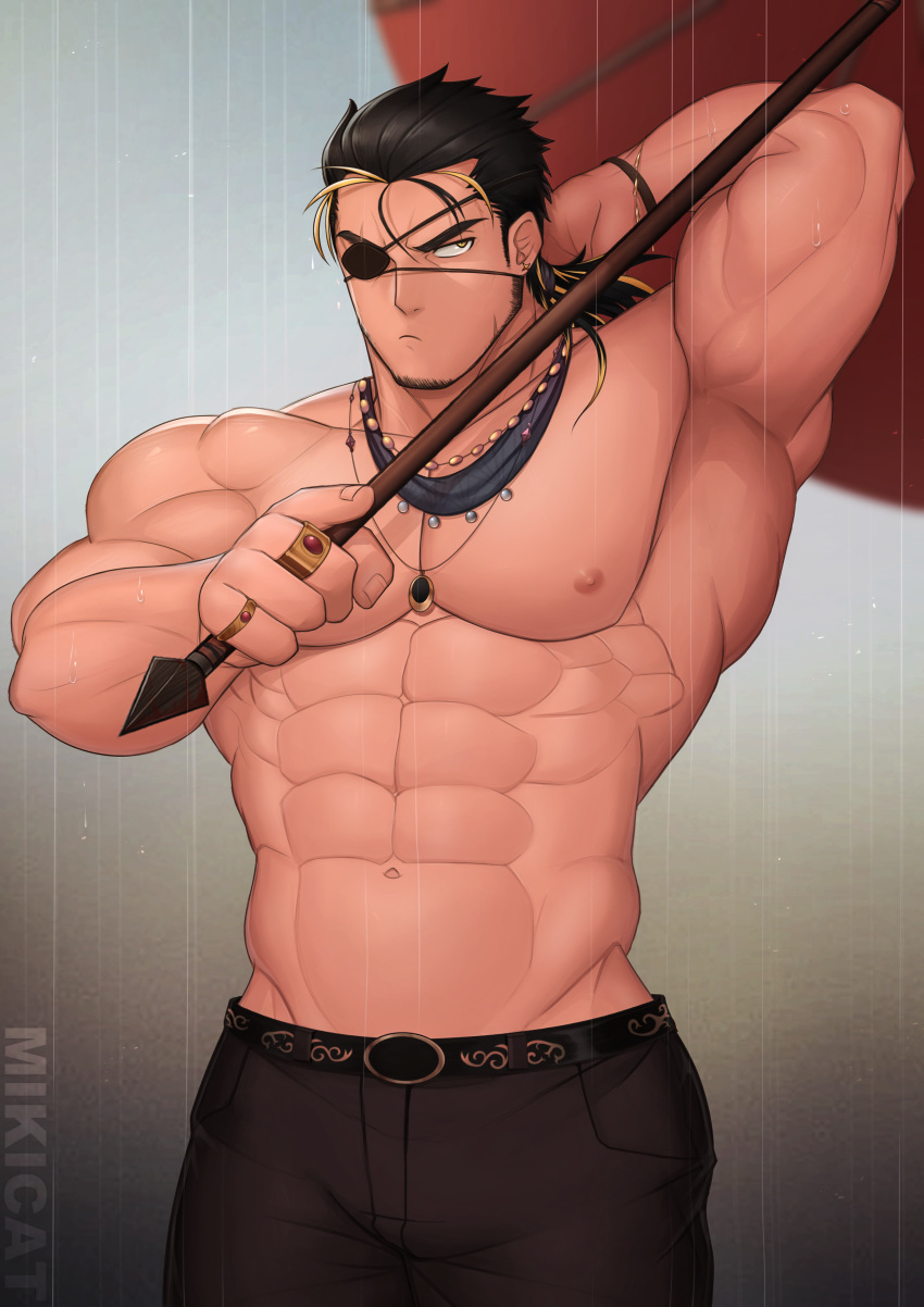 1boy absurdres bara black_hair blonde_hair chest eyepatch facial_hair highres huge_filesize jewelry male_focus manly miqi_(nnaf3344) multicolored_hair muscle original pants pectorals rain see-through shirtless solo streaked_hair thick_thighs thighs umbrella water_drop wet yellow_eyes