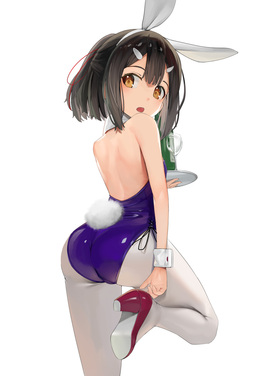 1girl :o absurdres adjusting_footwear animal_ears ass back bangs bare_arms bare_shoulders black_hair blush bottle brown_eyes bunny_day bunny_tail bunnysuit commentary_request cup detached_collar drinking_glass fake_animal_ears fake_tail fate/kaleid_liner_prisma_illya fate_(series) from_behind hair_ornament hairband hairclip high_heels highres holding holding_tray leg_up looking_at_viewer looking_back miyu_edelfelt one_side_up open_mouth pantyhose rabbit_ears red_footwear short_hair solo standing standing_on_one_leg sunga2usagi tail tray white_hairband white_legwear wrist_cuffs