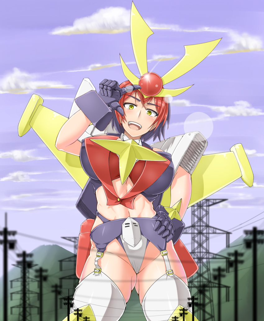 1girl blue_sky breasts clouds cowboy_shot daitarn_3 day garter_belt garter_straps giantess hand_on_hip highleg highleg_panties highres large_breasts mecha_musume midriff muteki_koujin_daitarn_3 navel open_mouth panties personification power_lines redhead saizu_nitou_gunsou short_hair sky smile solo telephone_pole thigh-highs underwear white_legwear yellow_eyes