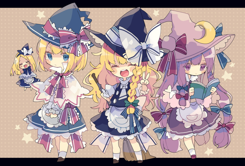 3girls adapted_costume alice_margatroid apron back_bow bangs black_headwear black_skirt black_vest blonde_hair blue_bow blue_eyes blue_headwear blue_skirt blush_stickers book bow braid broom brown_footwear capelet chibi closed_eyes commentary_request crescent crescent_moon_pin facing_viewer frills full_body green_bow hair_bow hand_on_hip hand_up hat hat_bow highres holding holding_book kirisame_marisa long_hair long_sleeves multiple_girls nikorashi-ka open_mouth patchouli_knowledge polka_dot polka_dot_background puffy_short_sleeves puffy_sleeves purple_footwear purple_hair purple_headwear purple_neckwear purple_skirt reading red_bow shanghai_doll shirt shoes short_hair short_shorts short_sleeves shorts single_braid skirt smile socks star_(symbol) touhou v very_long_hair vest violet_eyes waist_apron white_bow white_legwear white_neckwear white_shirt witch witch_hat