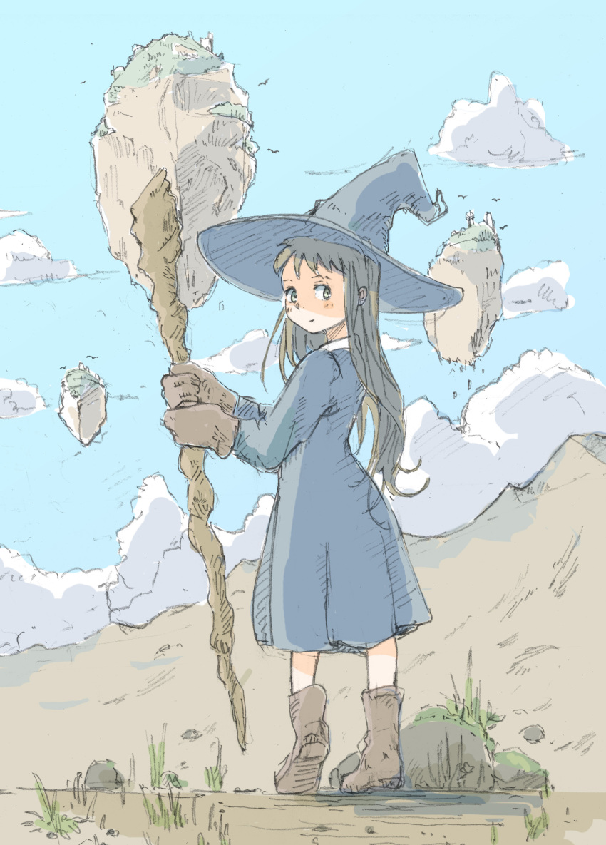 1girl absurdres black_dress black_hair boots commentary day dress floating_island grass hat highres long_hair looking_back original outdoors porankaran sky solo staff witch witch_hat