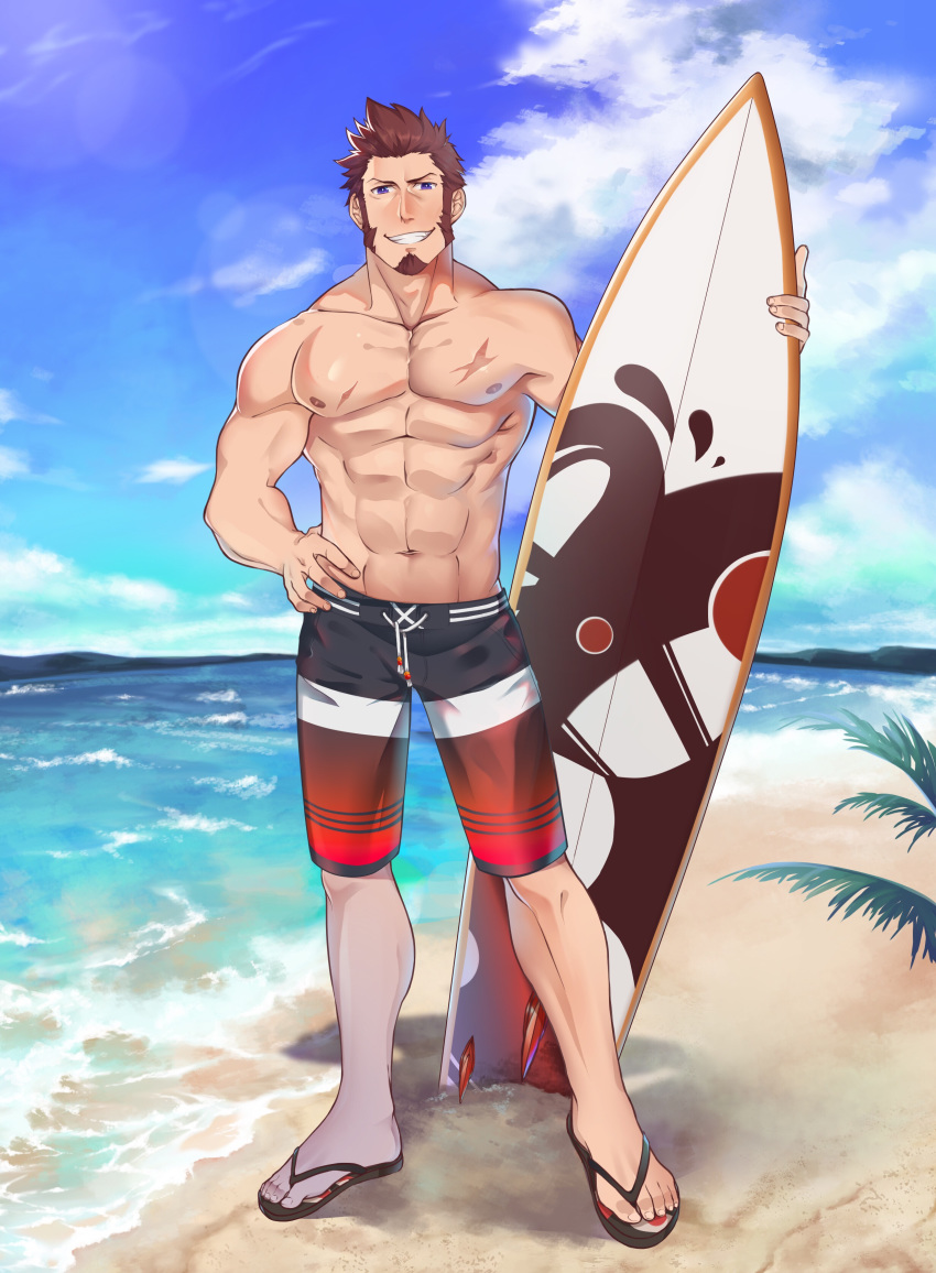 1boy abs absurdres alternate_costume bara beard blue_eyes brown_hair chest clouds cloudy_sky day facial_hair fate/grand_order fate_(series) french_flag_swimsuit full_body hand_on_hip highres icelernd looking_at_viewer male_focus muscle napoleon_bonaparte_(fate/grand_order) nipple_slip nipples ocean pectorals sandals scar shirtless shorts sky smile solo surfboard swimsuit