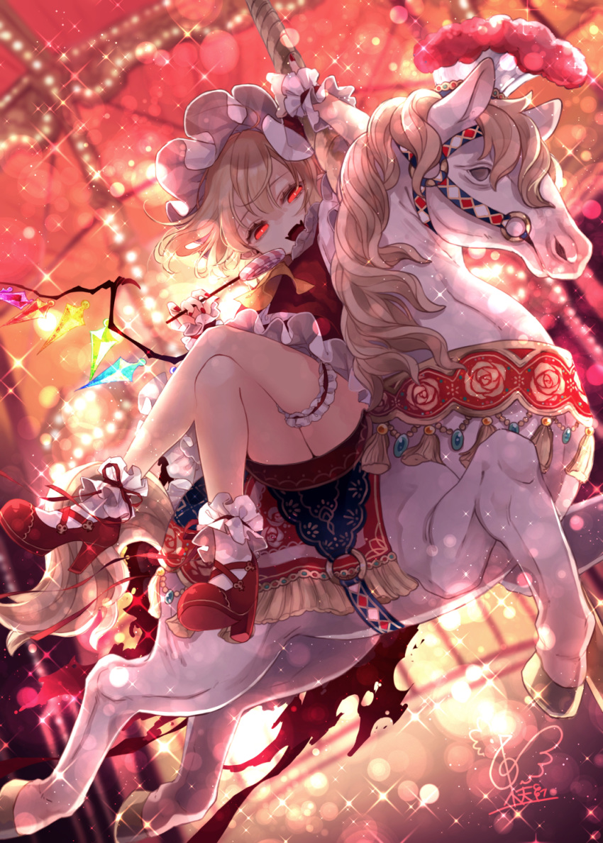 1girl ascot bare_legs blonde_hair candy carousel commentary_request crossed_legs fangs flandre_scarlet food full_body hat highres holding holding_food leg_garter lollipop long_hair looking_at_viewer mob_cap nail_polish red_eyes red_footwear red_nails red_vest shoes sitting smile socks solo sparkle touhou toutenkou upskirt vest white_headwear white_legwear wings wrist_cuffs