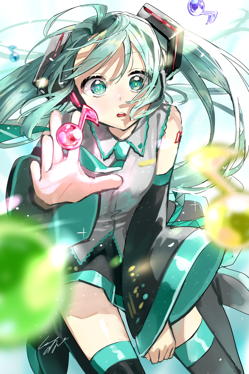 1girl absurdres bangs bare_shoulders black_legwear commentary_request detached_sleeves eyebrows_visible_through_hair floating_hair green_eyes green_hair green_neckwear hair_ornament hatsune_miku highres long_hair musical_note necktie open_mouth outstretched_hand pomu shiny shiny_hair skirt solo teeth thigh-highs tongue vocaloid wide_sleeves zettai_ryouiki