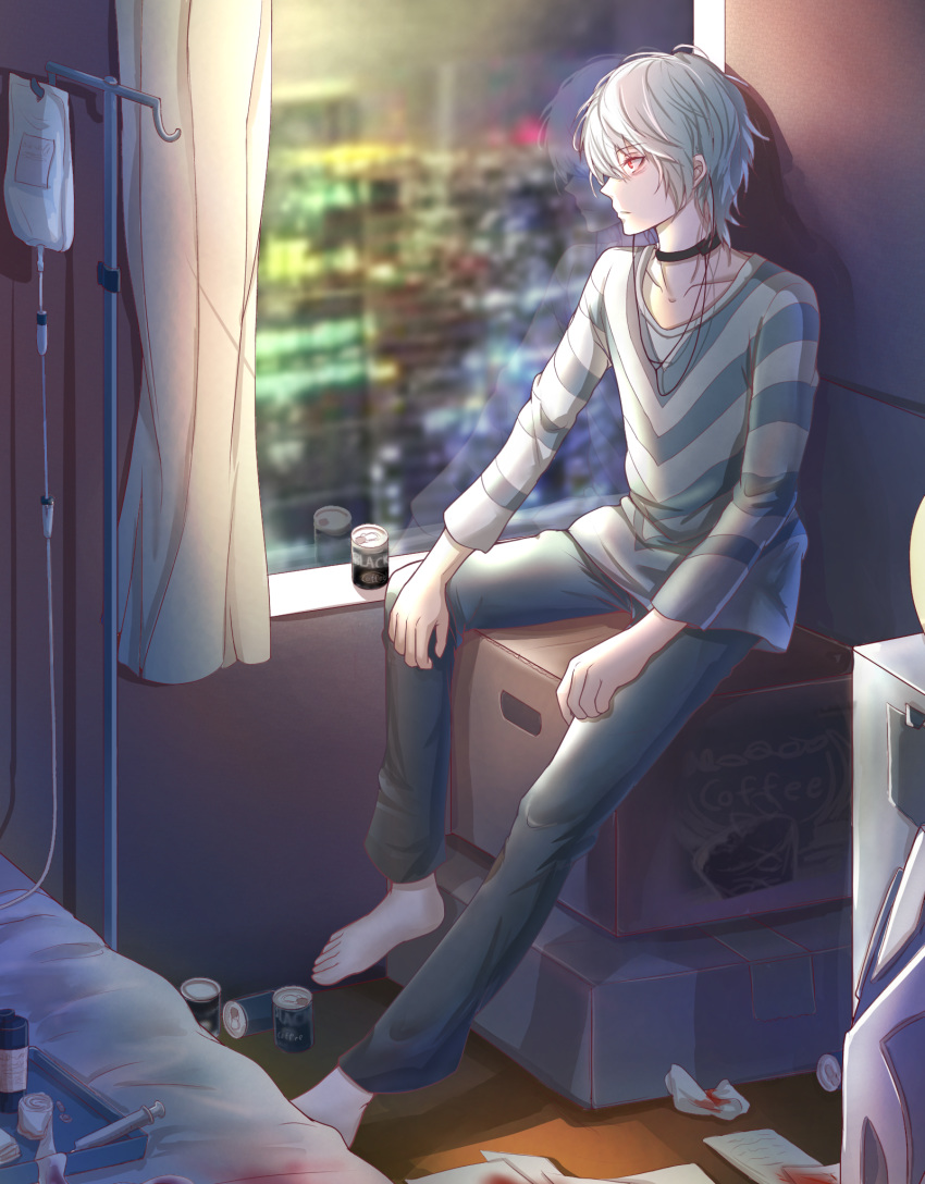 1boy accelerator barefoot black_choker blurry blurry_background choker closed_mouth collarbone earphones grey_pants highres indoors long_sleeves male_focus nyome991 pants profile red_eyes shirt silver_hair sitting solo striped striped_shirt to_aru_majutsu_no_index