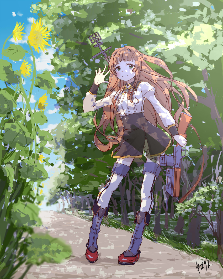 1girl absurdres black_skirt blue_sky brown_hair browning_auto_5 clouds dappled_sunlight day flower green_eyes gun headgear helena_(kantai_collection) highres kantai_collection long_hair long_sleeves looking_at_viewer military military_uniform neck_ribbon neve outdoors ribbon road skirt sky smile solo sunflower sunlight thigh-highs tree uniform weapon