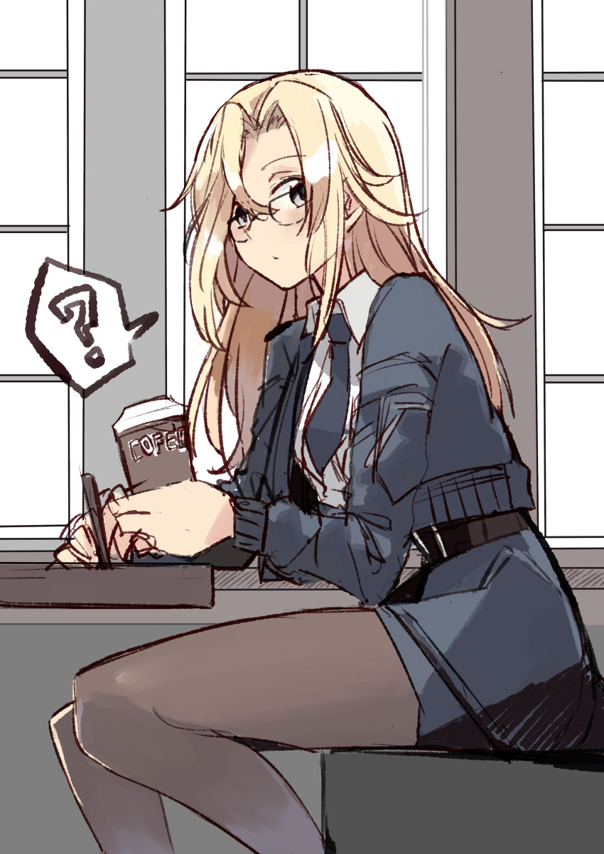 1girl absurdres belt bespectacled black_belt black_jacket black_legwear black_neckwear black_skirt blonde_hair bomber_jacket breasts coffee_cup cup disposable_cup dress_shirt glasses highres hornet_(kantai_collection) jacket kantai_collection large_breasts long_hair looking_at_viewer necktie one_eye_closed pantyhose pen pencil_skirt shirt sitting skirt solo takamachiya tumbler white_shirt yellow_eyes