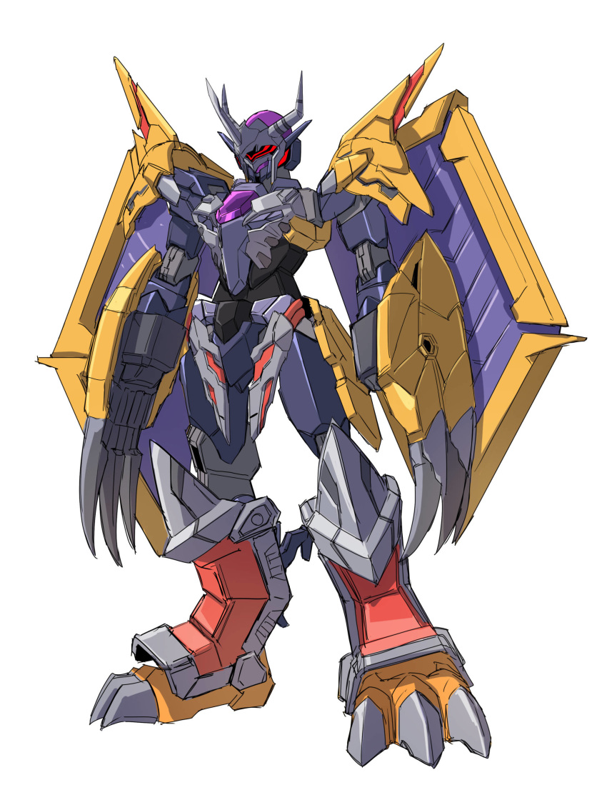 absurdres alus_core_gundam claws crossover digimon fusion gundam gundam_build_divers gundam_build_divers_re:rise highres mecha mechanical_wings no_humans one-eyed red_eyes solo standing sukekiyo56 v-fin wargreymon white_background wings