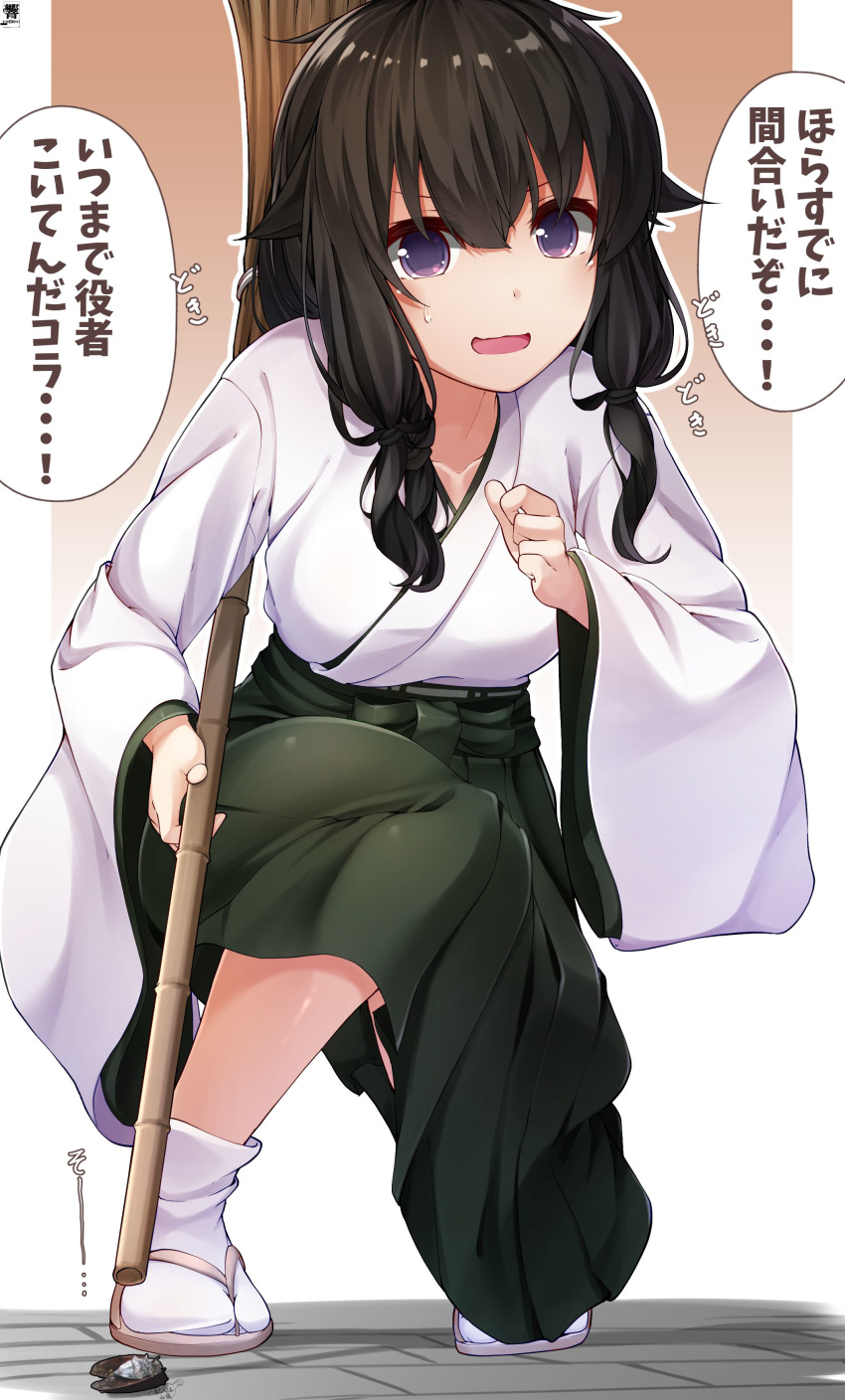 1girl absurdres alternate_costume animal black_hair blush braid broom bug cicada collarbone eyebrows_visible_through_hair full_body green_hakama hakama hibiki_zerocodo highres insect japanese_clothes kantai_collection kitakami_(kantai_collection) long_hair long_sleeves open_mouth signature single_braid solo speech_bubble tabi translation_request violet_eyes white_legwear wide_sleeves