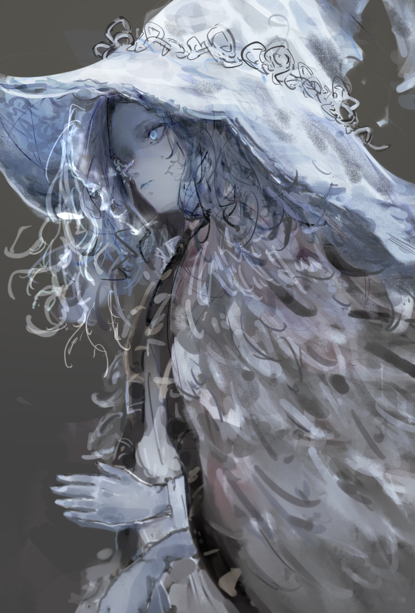 1girl absurdres blue_eyes blue_hair blue_headwear blue_skin closed_mouth colored_skin elden_ring extra_arms hat highres light_blue_eyes long_hair ocha_(popopogg) one_eye_closed own_hands_together ranni_the_witch sketch solo white_headwear witch_hat