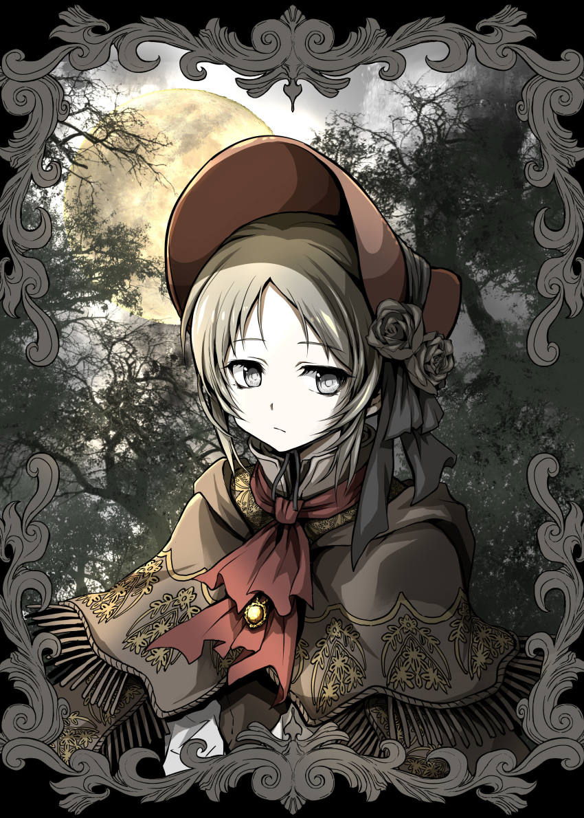 1girl absurdres bangs blonde_hair bloodborne bonnet brooch brown_cloak cloak closed_mouth commentary_request cravat flower forest frame full_moon grey_eyes hat highres jewelry looking_away moon nature outdoors parted_bangs plain_doll red_headwear red_neckwear rose shimoda_masaya short_hair solo tree