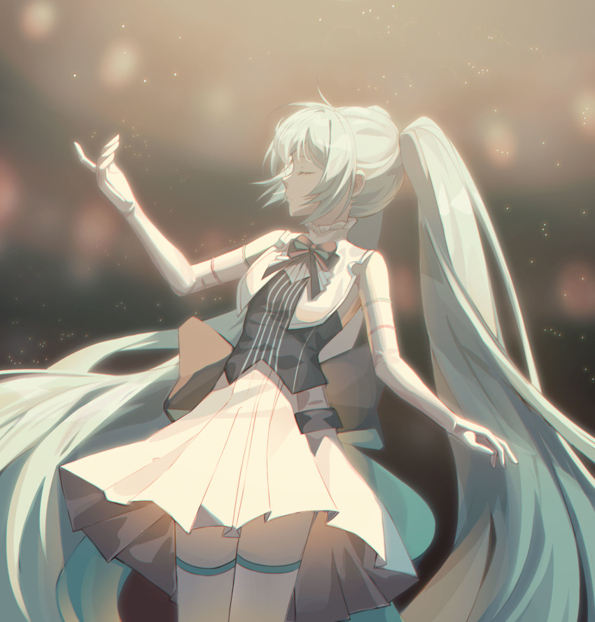 1girl absurdres arm_at_side backlighting bare_shoulders black_ribbon blue_hair blurry blurry_background chromatic_aberration closed_eyes closed_mouth dress elbow_gloves expressionless eyelashes facing_away flat_chest frilled_shirt_collar frills gloves hand_up hatsune_miku high_collar highres indoors legs_together light_particles long_hair miku_symphony_(vocaloid) neck_ribbon profile ramboo_pdy03 ribbon shiny shiny_hair short_dress sidelocks sleeveless sleeveless_dress solo spotlight standing theater thigh-highs twintails upper_body very_long_hair vocaloid white_dress white_gloves white_legwear zettai_ryouiki