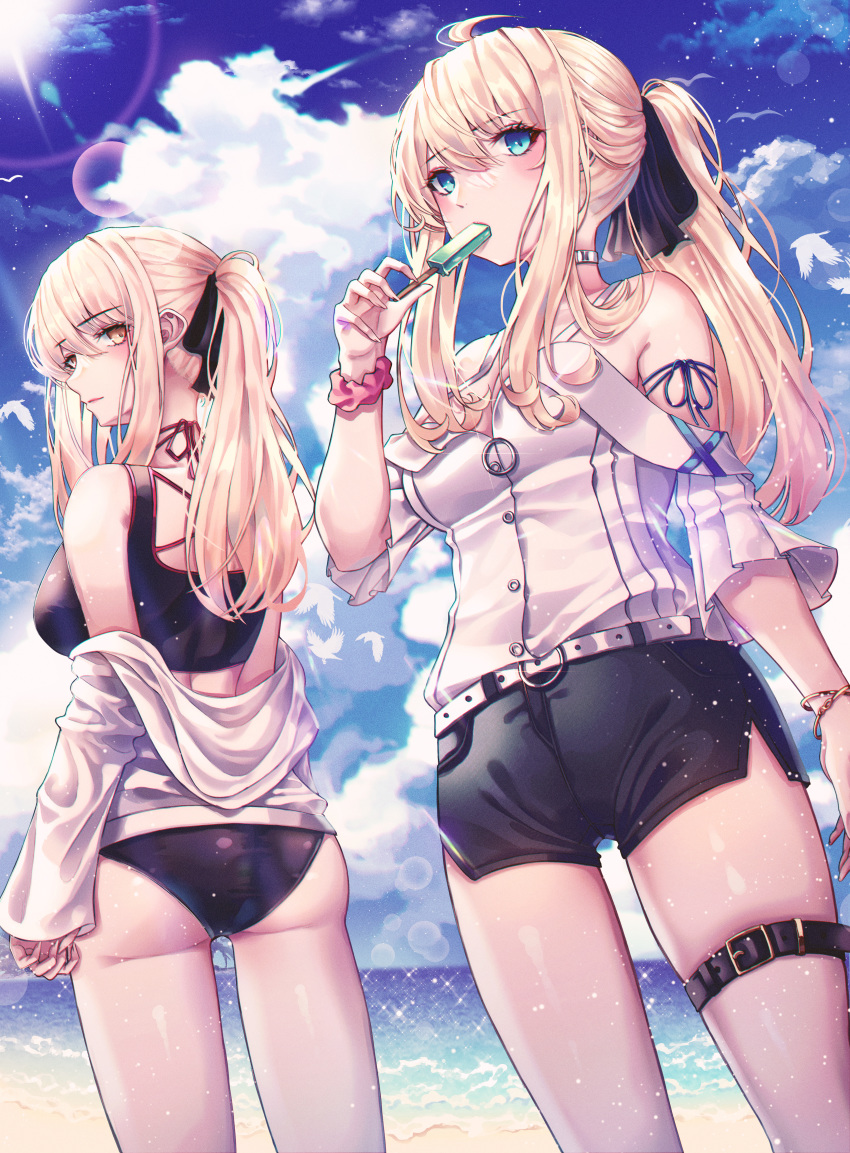 2girls absurdres ahoge artoria_pendragon_(all) ass bangs bare_shoulders beach belt bikini black_bikini blonde_hair blue_eyes blush breasts buckle choker day domi_(hongsung0819) eyebrows_visible_through_hair fate/stay_night fate_(series) food hair_ribbon highres huge_filesize jacket looking_at_viewer medium_breasts multiple_girls off-shoulder_blouse off_shoulder outdoors ponytail popsicle ribbon saber saber_alter scrunchie sidelocks swimsuit thigh_strap thighs wide_sleeves wrist_scrunchie yellow_eyes