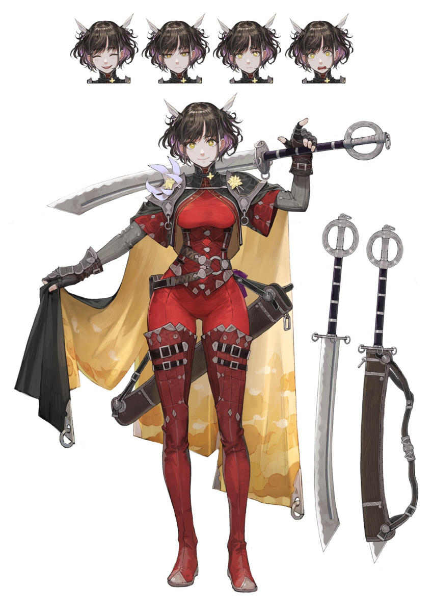 1girl armor black_hair boots breasts character_sheet cloak commentary_request expressionless fingerless_gloves flower_ornament frown gloves hair_ribbon highres holding holding_sword holding_weapon jun_(seojh1029) looking_at_viewer original over_shoulder pauldrons pouch ribbon sheath sheathed short_hair shoulder_armor smile solo sword thigh-highs thigh_boots weapon yellow_eyes