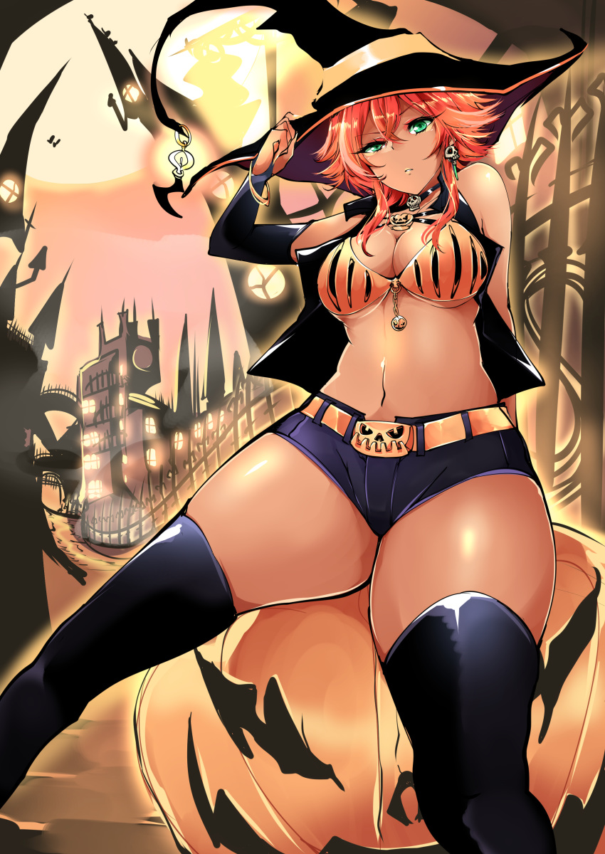 1girl absurdres agetama bikini bikini_top black_shorts breasts dark_skin earrings green_eyes halloween hat highres jewelry large_breasts long_hair looking_at_viewer navel necklace original redhead shorts skull solo swimsuit witch witch_hat