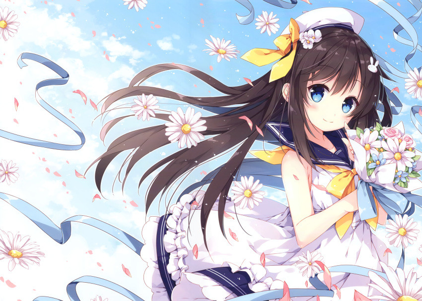 1girl absurdres bangs bare_shoulders beret blue_eyes blue_sky bouquet bow brown_hair bunny_hair_ornament closed_mouth clouds cloudy_sky day dress eyebrows_visible_through_hair flower frills hair_ornament hat highres huge_filesize long_hair looking_at_viewer mochizuki_shiina original outdoors petals sailor_collar scan short_dress simple_background sky sleeveless sleeveless_dress smile solo yellow_bow