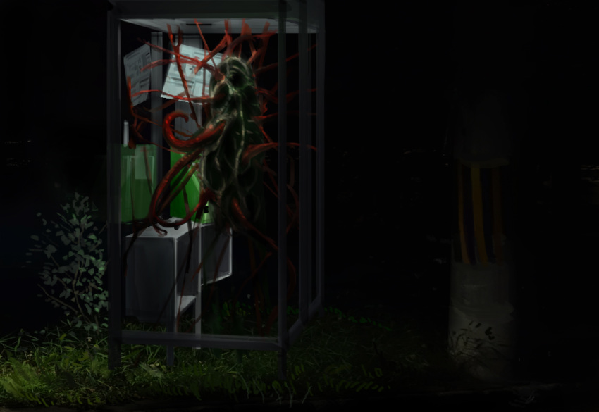 creature dark eldritch_abomination grass horror_(theme) monster nest night no_humans original outdoors paper phone_booth plant scenery tentacles yomanika