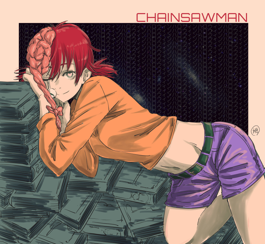 1girl absurdres belt book braid brain breasts chainsaw_man copyright_name cosmo_(chainsaw_man) hair_between_eyes heart heart-shaped_pupils highres looking_at_viewer lying monster_girl navel one_eye_closed orange_shirt purple_shorts redhead sabakan5555 shirt short_hair shorts small_breasts smile solo symbol-shaped_pupils zombie