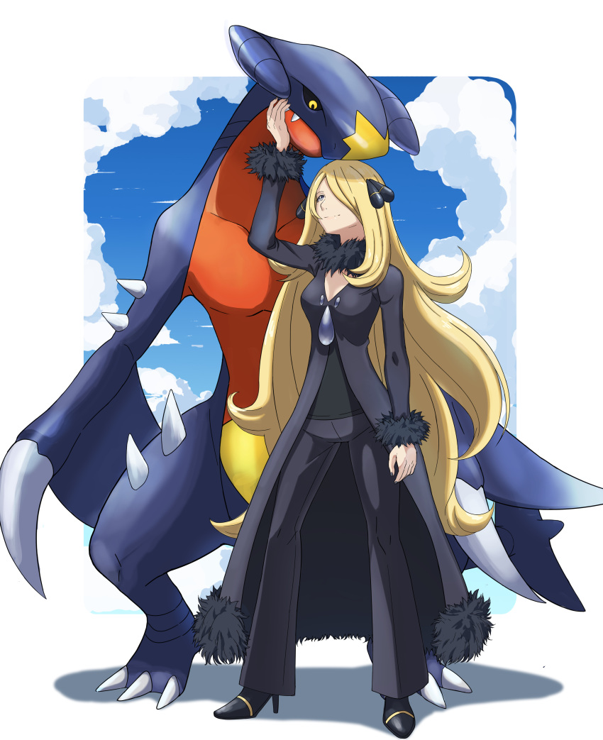 1girl absurdres arm_at_side arm_up black_coat black_footwear black_pants black_shirt blonde_hair breasts closed_mouth coat commentary_request fur-trimmed_coat fur_collar fur_trim garchomp gen_4_pokemon grey_eyes high_heels highres long_hair pants pokemon pokemon_(creature) pokemon_(game) pokemon_dppt shirona_(pokemon) shirt size_difference smile standing very_long_hair yoshinatsu