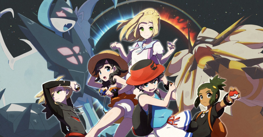 2girls 3boys backpack bag black_eyes black_hair black_shirt blonde_hair blue_shirt boater_hat braid brown_headwear camisole character_request closed_mouth dark_skin from_behind gladio_(pokemon) green_eyes highres holding holding_poke_ball hou_(pokemon) index_finger_raised leaning_forward lillie_(pokemon) long_hair looking_at_viewer looking_back low_twintails medium_hair miu_(miuuu_721) mizuki_(pokemon) multiple_boys multiple_girls open_mouth poke_ball poke_ball_(basic) pokemon pokemon_(game) pokemon_usum red_headwear shirt short_shorts short_sleeves shorts sky standing star_(sky) starry_sky tank_top topknot twin_braids twintails watch watch white_shirt white_shorts yellow_shirt you_(pokemon)