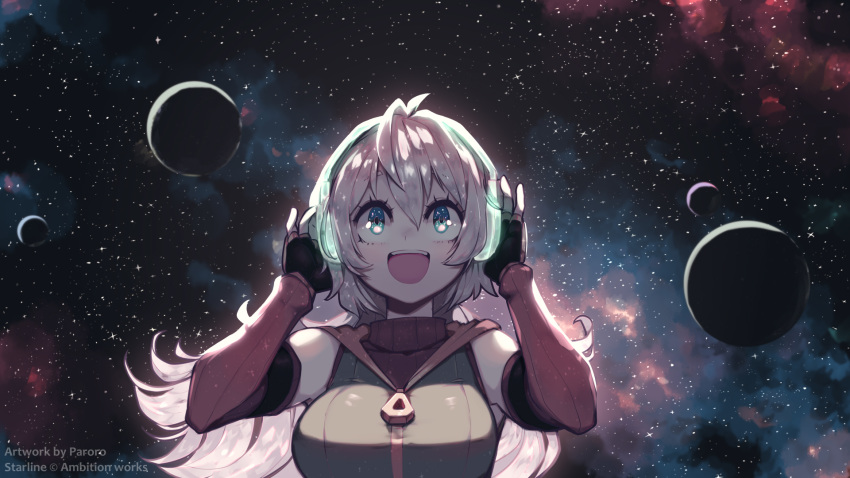 1girl arie_(starline) black_gloves blue_eyes breasts commentary detached_sleeves elbow_gloves english_commentary eyelashes gloves happy headphones highres large_breasts long_hair open_mouth parororo pink_hair planet reflective_eyes silver_hair solo space starline starry_background turtleneck upper_teeth wings zipper_pull_tab