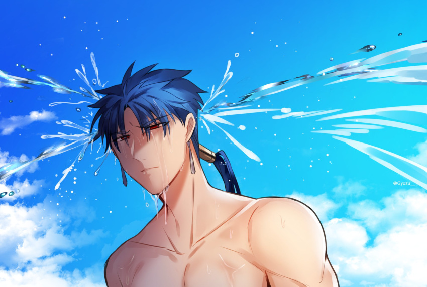 1boy blue_hair chest close-up clouds cloudy_sky cu_chulainn_(fate)_(all) day earrings fate/grand_order fate/stay_night fate_(series) highres jewelry lancer male_focus muscle pectorals ponytail red_eyes rijjin shirtless short_hair sky solo water wet wet_hair
