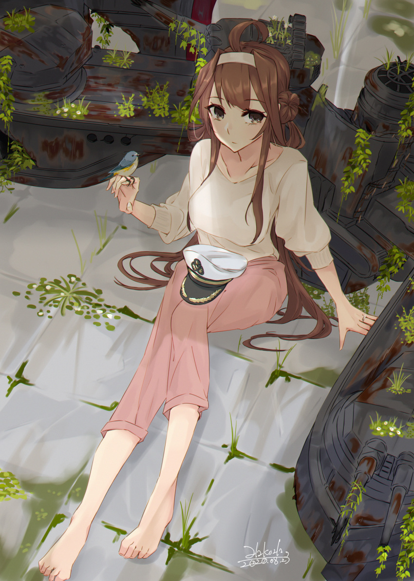1girl ahoge alakoala alternate_costume animal_request barefoot beige_sweater bird brown_eyes brown_hair commentary_request dated double_bun full_body hairband hat highres kantai_collection kongou_(kantai_collection) long_hair looking_at_viewer machinery pants peaked_cap pink_pants sitting solo twitter_username very_long_hair white_hairband white_headwear
