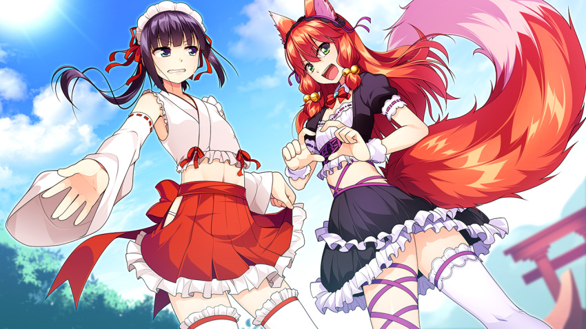 2boys animal_ears aogiri_penta asymmetrical_legwear bangs bell black_hair blue_sky blunt_bangs bow clenched_teeth clouds cloudy_sky embarrassed endou_mishiro fox_ears fox_tail frilled_hairband frills game_cg green_eyes hair_bell hair_ornament hair_ribbon hairband heart heart_hands japanese_clothes jingle_bell josou_jinja long_hair magatama miko multiple_boys navel open_mouth otoko_no_ko outstretched_arm parted_lips ponytail red_bow red_ribbon red_skirt redhead ribbon ribbon-trimmed_sleeves ribbon_trim sidelocks skirt skirt_lift sky smile standing sun sweatdrop tagme tail teeth thigh-highs torii tree twisted_torso white_hairband yui_(josou_jinja)