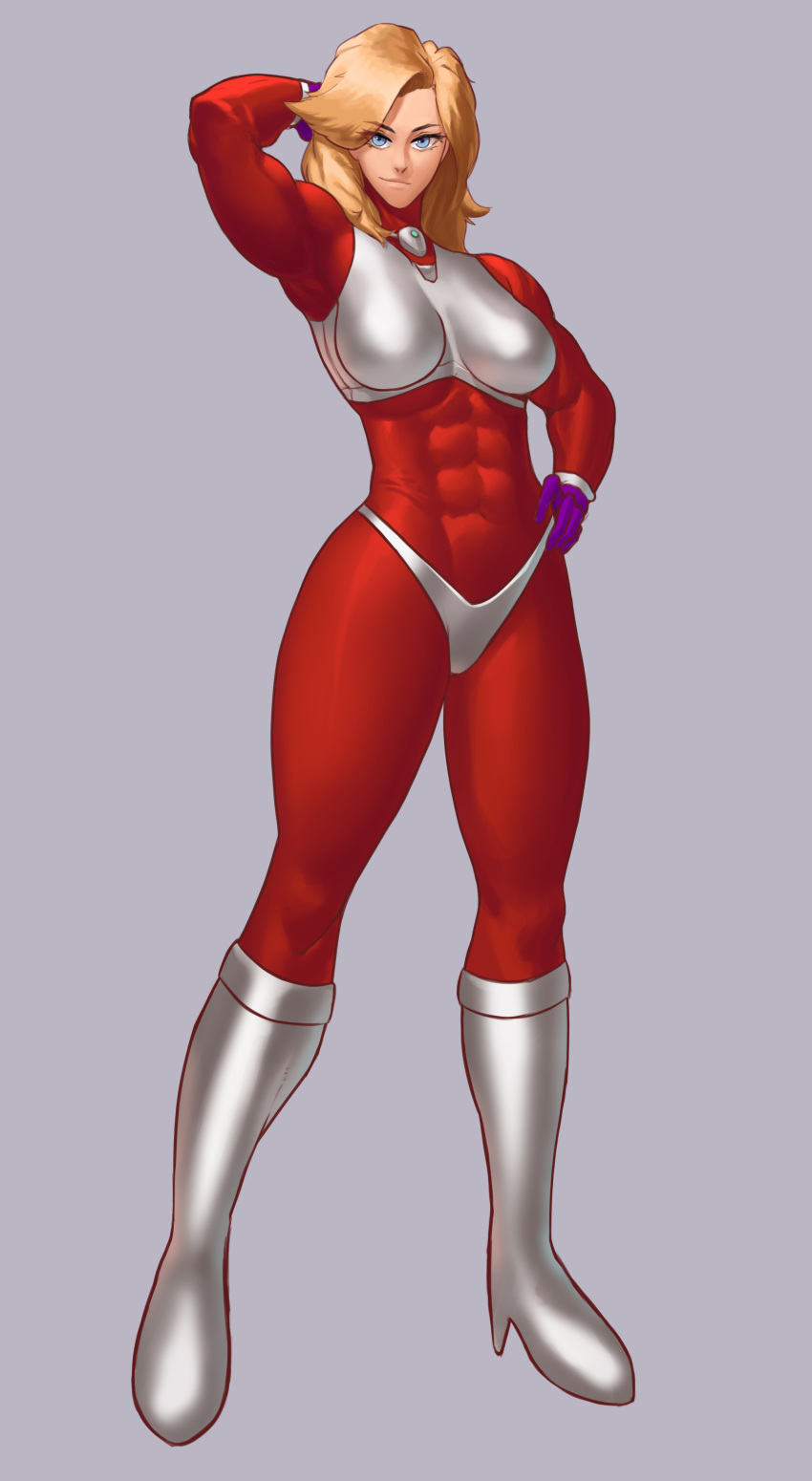 1girl abs absurdres armor bikini_armor blue_eyes bodysuit boots breastplate breasts commentary commission english_commentary f-zero forehead full_body gloves hand_on_hip highres impossible_armor knee_boots medium_breasts medium_hair monique_l'amoreaux muscle muscular_female purple_gloves red_bodysuit silver_bikini silver_footwear skin_tight solo sotcho standing thick_thighs thighs