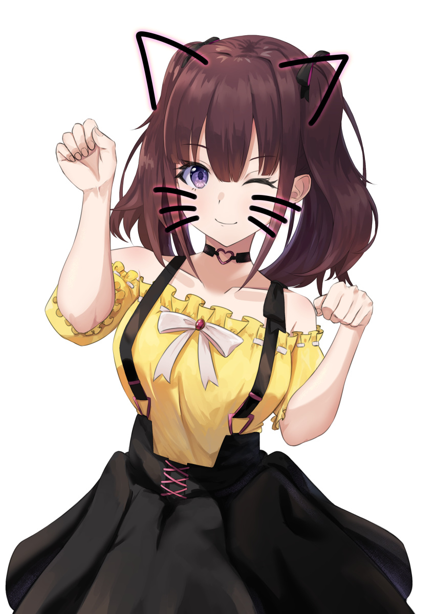 1girl ;) absurdres animal_ears bangs bare_shoulders black_choker black_ribbon black_skirt blunt_bangs blush bow breasts brown_hair cat_ears choker closed_mouth collarbone cowboy_shot eyebrows_visible_through_hair face_filter fake_animal_ears frilled_sleeves frills hair_ribbon hands_up heart heart_choker highres long_hair looking_at_viewer medium_breasts nijisanji nijisanji_kr off-shoulder_shirt off_shoulder one_eye_closed paw_pose ribbon ribbon-trimmed_shirt shirt short_sleeves simple_background skirt smile solo suspender_skirt suspenders tokisato twintails violet_eyes virtual_youtuber whiskers white_background white_bow