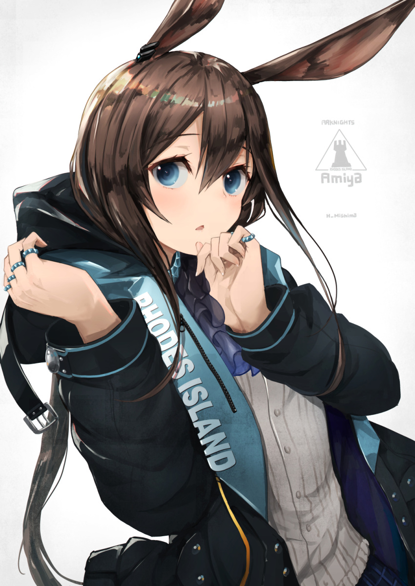 1girl amiya_(arknights) animal_ears arknights artist_name ascot black_jacket blue_eyes blue_neckwear blue_skirt brown_hair buttons character_name commentary_request copyright_name hair_between_eyes highres hood hood_down jacket long_hair looking_at_viewer mishima_hiroji multiple_rings open_mouth plaid plaid_skirt ponytail rabbit_ears revision rhodes_island_logo shirt simple_background skirt solo upper_body white_background white_shirt