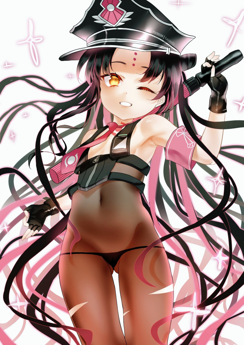 1girl armband bangs bare_shoulders bikini black_bikini black_gloves black_hair black_headwear blush bodystocking breasts cosplay covered_navel double_bun facial_mark fate/grand_order fate_(series) fingerless_gloves forehead_mark gloves grin halter_top halterneck hat highres long_hair looking_at_viewer multicolored_hair necktie one_eye_closed parted_bangs pink_hair pink_neckwear police_hat sesshouin_kiara sesshouin_kiara_(swimsuit_mooncancer)_(fate) sesshouin_kiara_(swimsuit_mooncancer)_(fate)_(cosplay) small_breasts smile streaked_hair swimsuit thighs traffic_baton very_long_hair yellow_eyes zasshu
