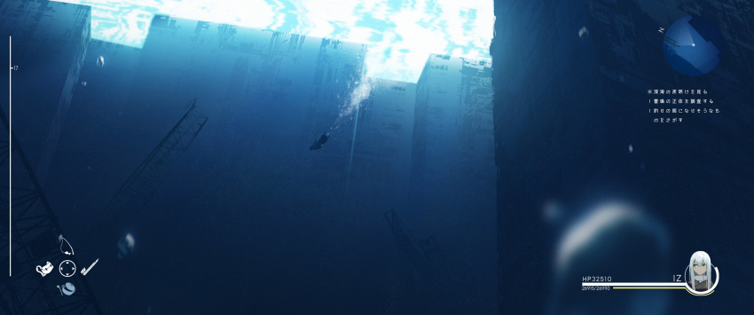 1girl absurdres asteroid_ill bubble fake_screenshot from_side heads-up_display health_bar highres iz_(asteroid_ill) long_hair minimap original ruins scenery solo swimming underwater user_interface white_hair