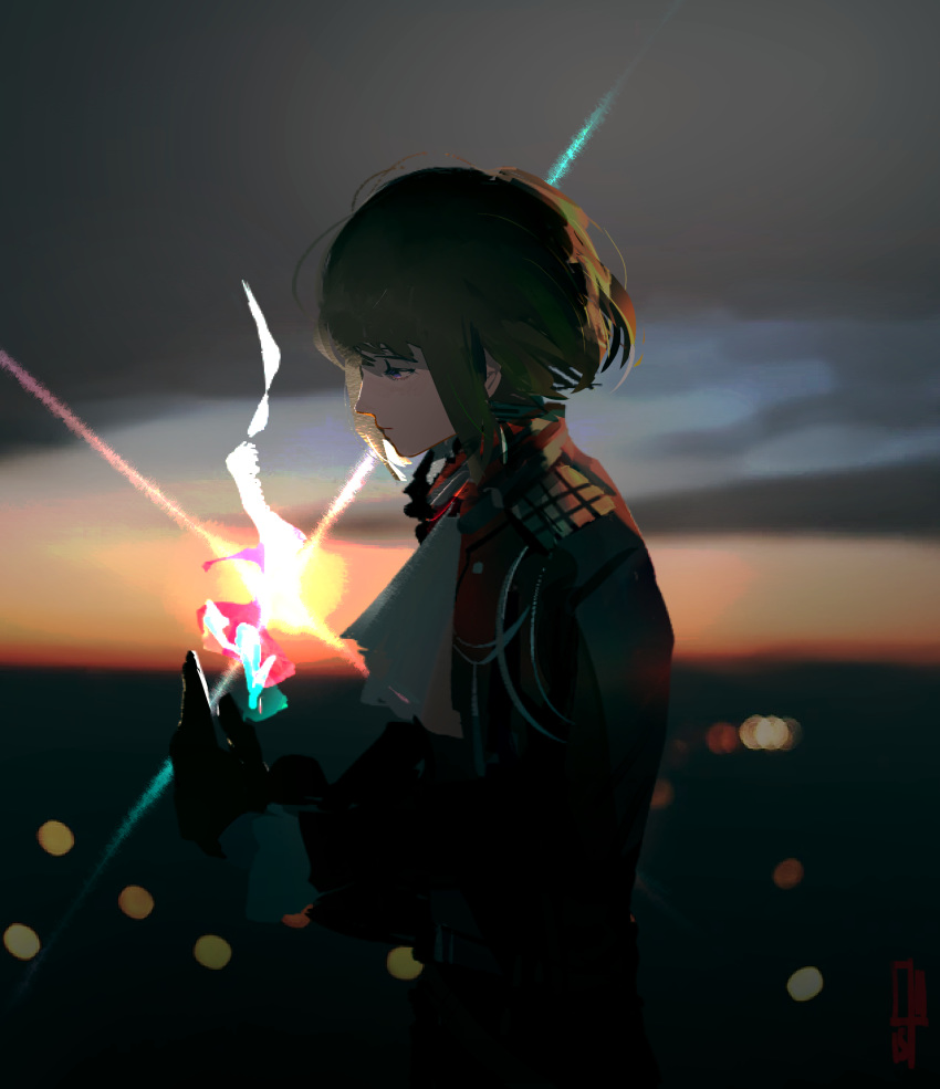 1boy ai-shii_(kasehara-chan) bangs black_gloves black_suit city city_lights clouds cloudy_sky expressionless formal gloves green_hair highres lio_fotia promare short_hair sky solo suit sunset violet_eyes
