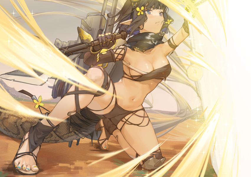 1girl absurdres arknights arm_strap bandeau bangs black_hair black_panties black_scarf blue_eyes breasts commentary eunectes_(arknights) highres holding holding_weapon kotatsu_kaya midriff nail_art navel panties pointy_ears scarf short_hair small_breasts snake_tail solo stomach strapless tail thighs toenail_polish tubetop underwear weapon