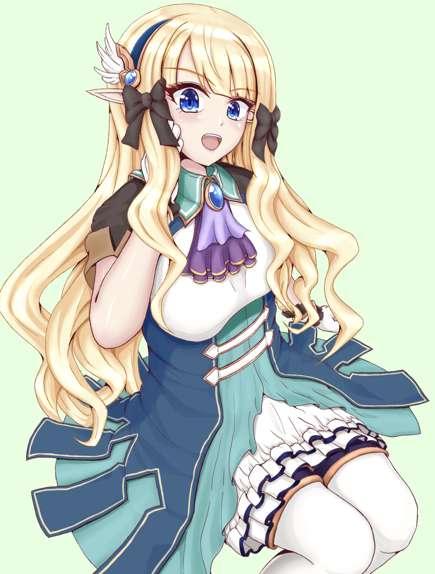 1girl absurdres bangs black_bow blonde_hair blue_eyes blush bow breasts elf eyebrows_visible_through_hair hair_bow hair_ornament highres long_hair looking_at_viewer open_mouth pointy_ears princess_connect! princess_connect!_re:dive saren_(princess_connect!) smile solo supersonic_kiwi