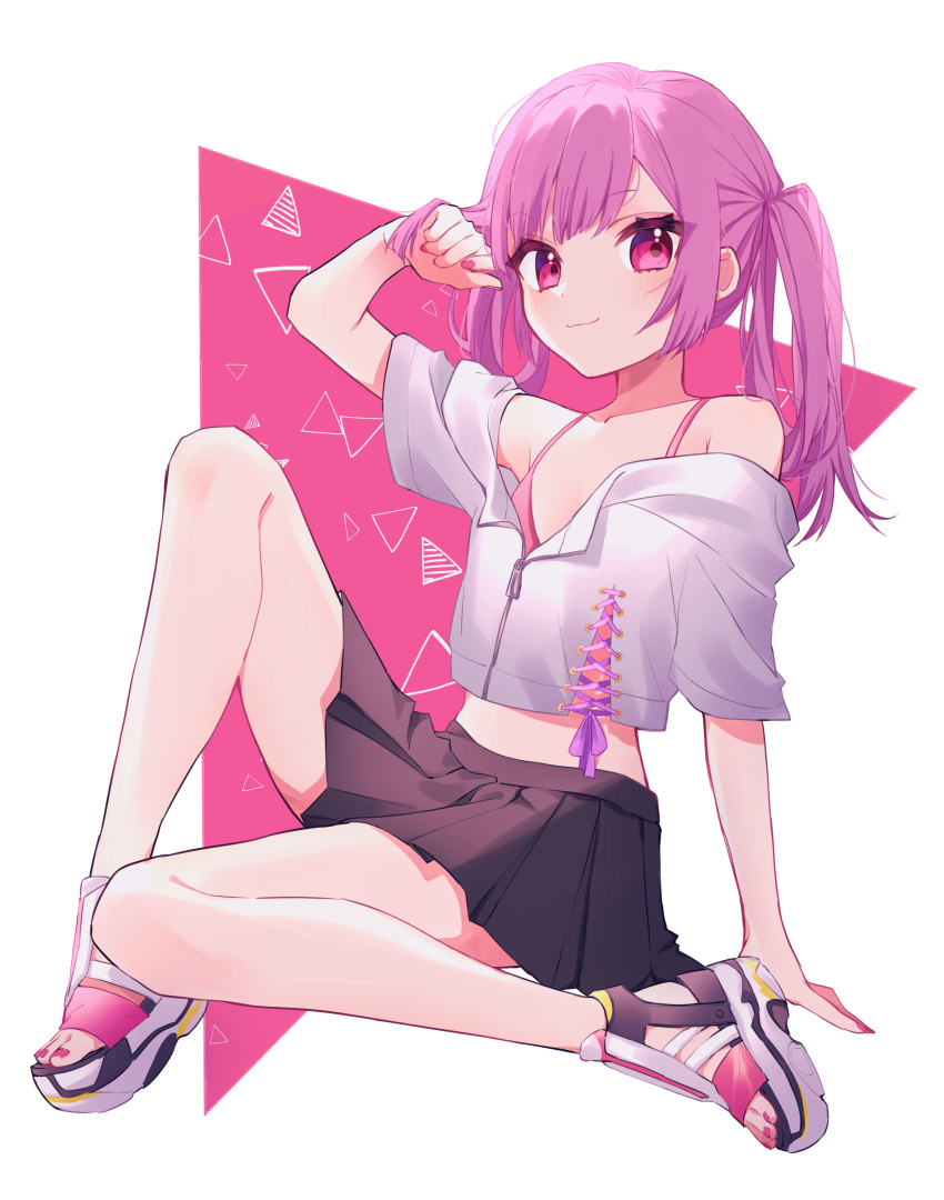1girl absurdres bangs black_skirt blush bra clenched_hand commentary_request crop_top hand_in_hair highres hinakano_h knee_up lace-up_top long_hair looking_at_viewer midriff miniskirt nail_polish original pink_bra pink_eyes pleated_skirt purple_hair purple_ribbon red_nails ribbon sandals short_hair sitting skirt smile solo toenail_polish triangle twintails underwear zipper
