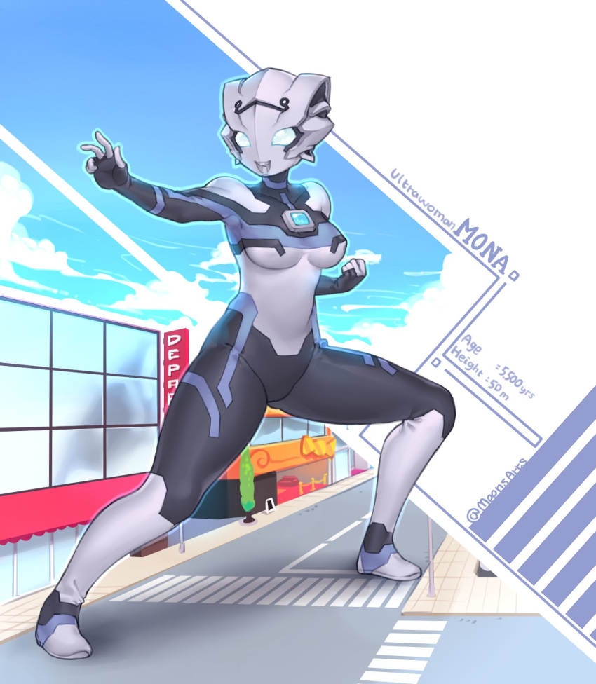 1girl alien blue_eyes building character_age character_name clenched_hand english_commentary fighting_stance giantess highres meen open_hand original solo ultra_series