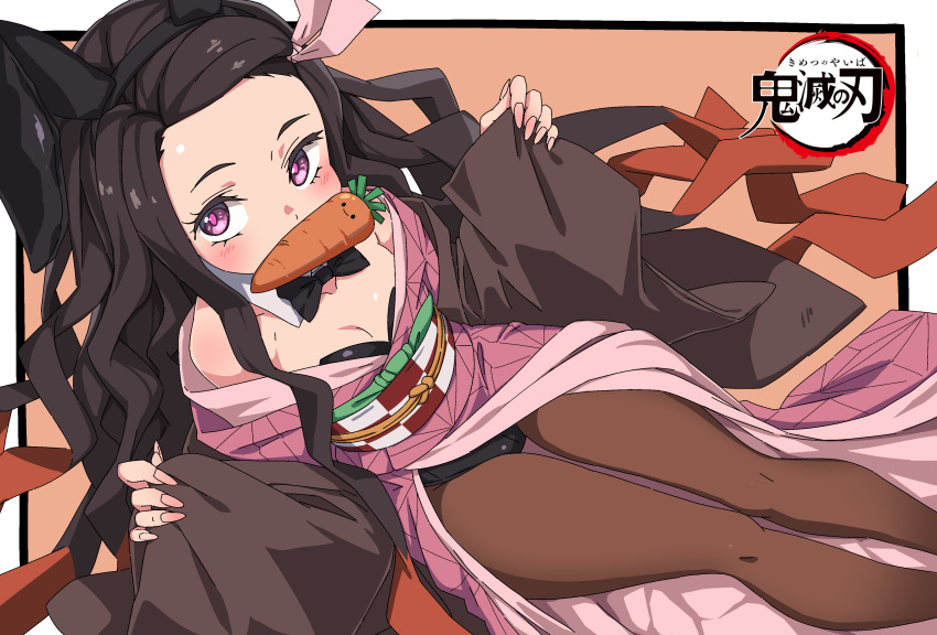 1girl absurdres animal_ears bare_shoulders black_hair black_hairband black_leotard black_neckwear blush bow bowtie brown_hair brown_legwear carrot checkered collar collarbone commentary_request detached_collar fake_animal_ears feet_out_of_frame fingernails food_in_mouth from_above hair_ribbon hairband hands_up highres japanese_clothes kamado_nezuko kimetsu_no_yaiba kimono leotard leotard_under_clothes long_fingernails long_hair long_sleeves looking_at_viewer looking_up mouth_hold multicolored_hair obi off_shoulder open_clothes pantyhose pink_kimono pink_nails pink_ribbon playboy_bunny ribbon sando_(dukedevil) sash sitting sleeves_past_wrists solo strapless strapless_leotard thighs two-tone_hair very_long_hair violet_eyes white_collar wide_sleeves wing_collar