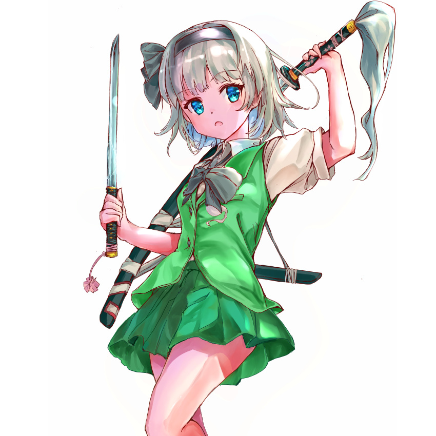 1girl absurdres arm_up bangs black_neckwear blue_eyes bow bowtie commentary_request cropped_legs eyebrows_visible_through_hair green_skirt green_vest hair_ribbon hand_on_hilt highres holding holding_sword holding_weapon ikazuchi_akira katana konpaku_youmu looking_at_viewer open_mouth pleated_skirt puffy_short_sleeves puffy_sleeves ribbon sheath shirt short_hair short_sleeves silver_hair simple_background skirt solo standing sword touhou unsheathing vest wakizashi weapon white_background white_shirt