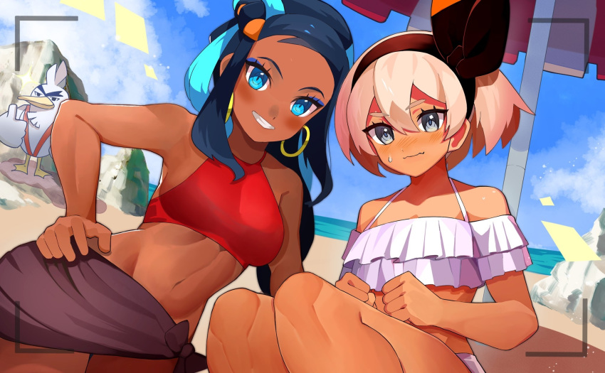 2girls bangs beach black_hair black_hairband blush bow_hairband breasts clouds commentary_request dark_skin day earrings eyelashes gen_8_pokemon hair_between_eyes hairband highres hoop_earrings jewelry katwo looking_at_viewer multicolored_hair multiple_girls navel outdoors pokemon pokemon:_twilight_wings pokemon_(anime) pokemon_(creature) rurina_(pokemon) saitou_(pokemon) short_hair sirfetch'd sky sweatdrop swimsuit teeth two-tone_hair wavy_mouth