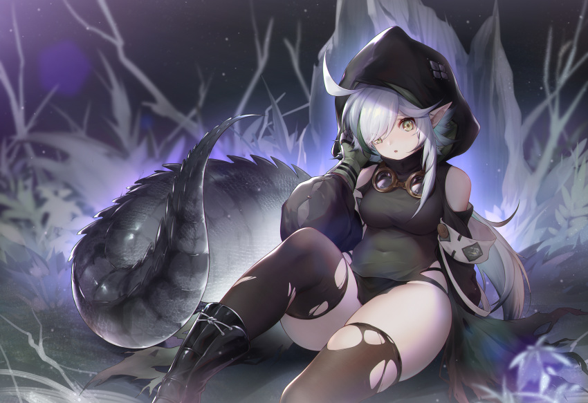 1girl absurdres ahoge arknights black_dress black_legwear boots breasts covered_navel crocodilian_tail dress goggles goggles_around_neck hand_up highres hood impossible_clothes jiusan_naitan knee_up large_tail long_hair long_sleeves looking_at_viewer medium_breasts multicolored_hair pointy_ears puffy_sleeves shoulder_cutout sitting skindentation solo streaked_hair tail thigh-highs thighs tomimi_(arknights) torn_clothes torn_legwear white_hair yellow_eyes